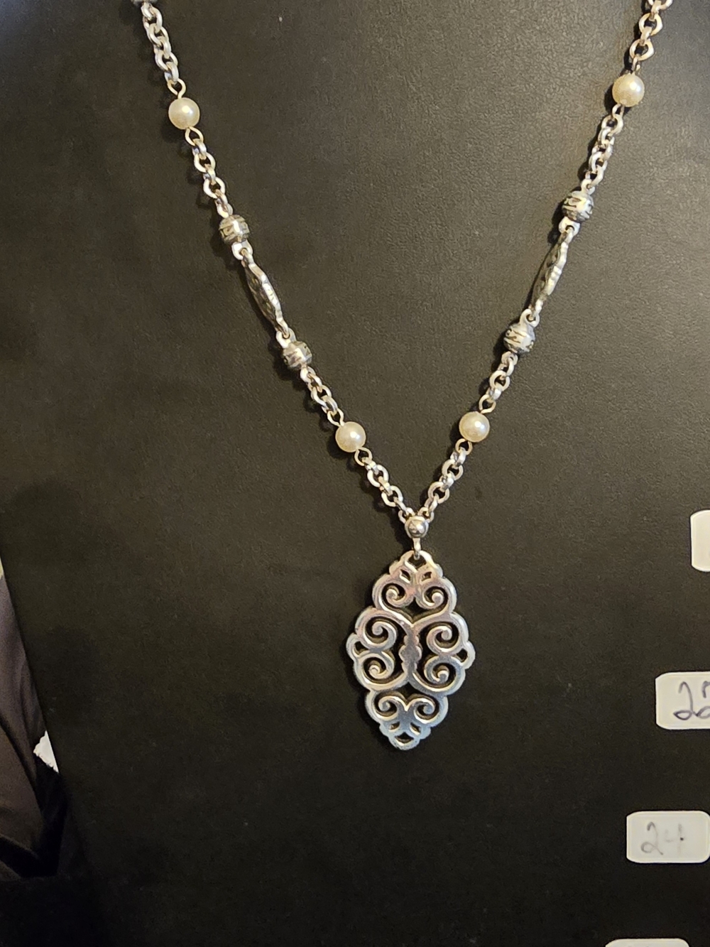 Retired Brighton Geneva Silver Pearl Pendant Necklace